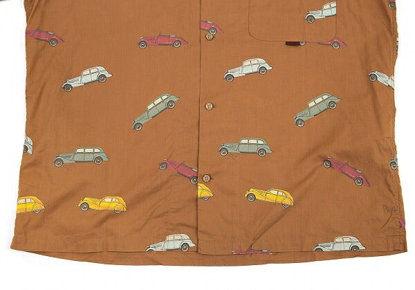 Papas Car Print Cotton Open Collar Long Shirt Brown Size L