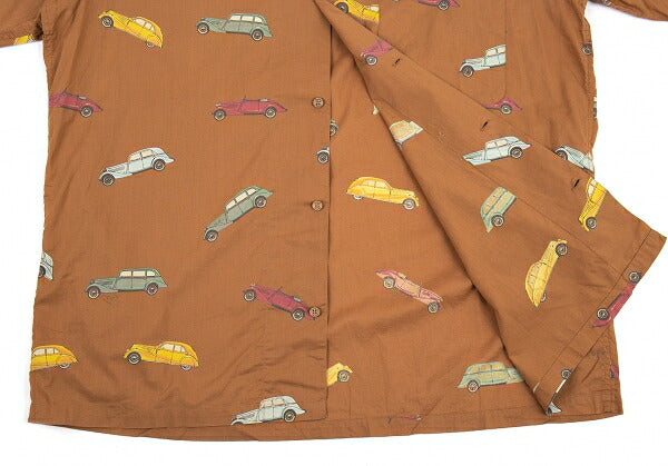 Papas Car Print Cotton Open Collar Long Shirt Brown Size L