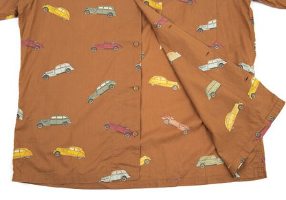 Papas Car Print Cotton Open Collar Long Shirt Brown Size L