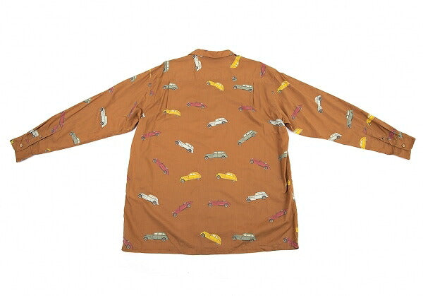 Papas Car Print Cotton Open Collar Long Shirt Brown Size L