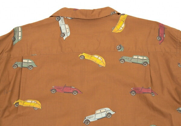 Papas Car Print Cotton Open Collar Long Shirt Brown Size L