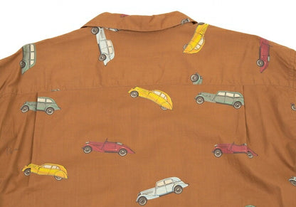 Papas Car Print Cotton Open Collar Long Shirt Brown Size L