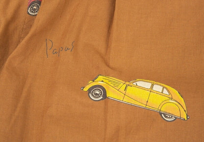 Papas Car Print Cotton Open Collar Long Shirt Brown Size L