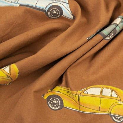 Papas Car Print Cotton Open Collar Long Shirt Brown Size L