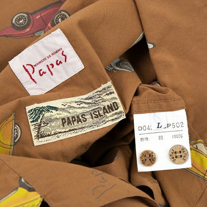 Papas Car Print Cotton Open Collar Long Shirt Brown Size L