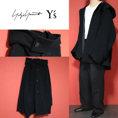 Yohji Yamamoto 23AW Black Oversized Wool Hooded Coat Size 1