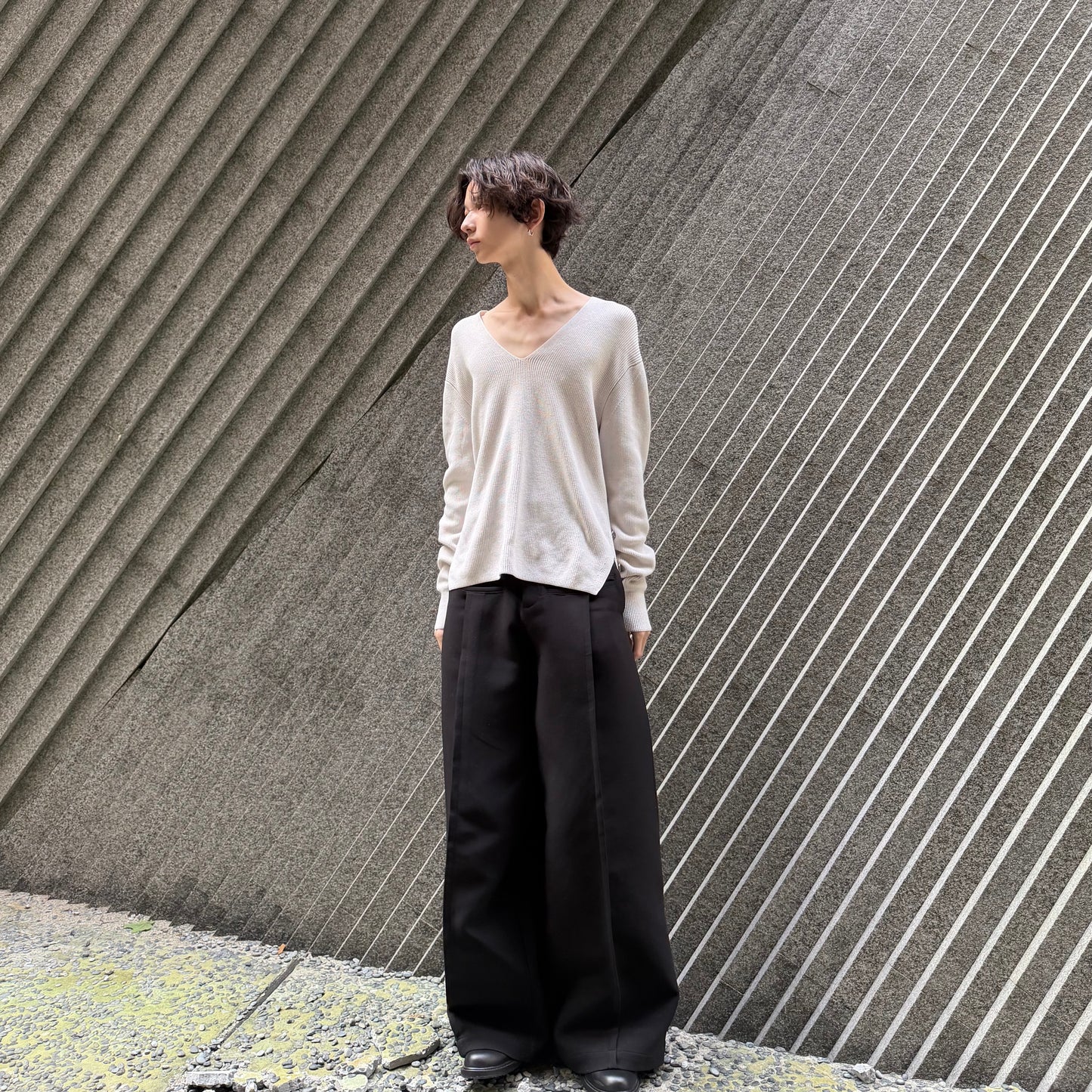 AURALEE 19SS White Cotton V-Neck Rib Knit Sweater