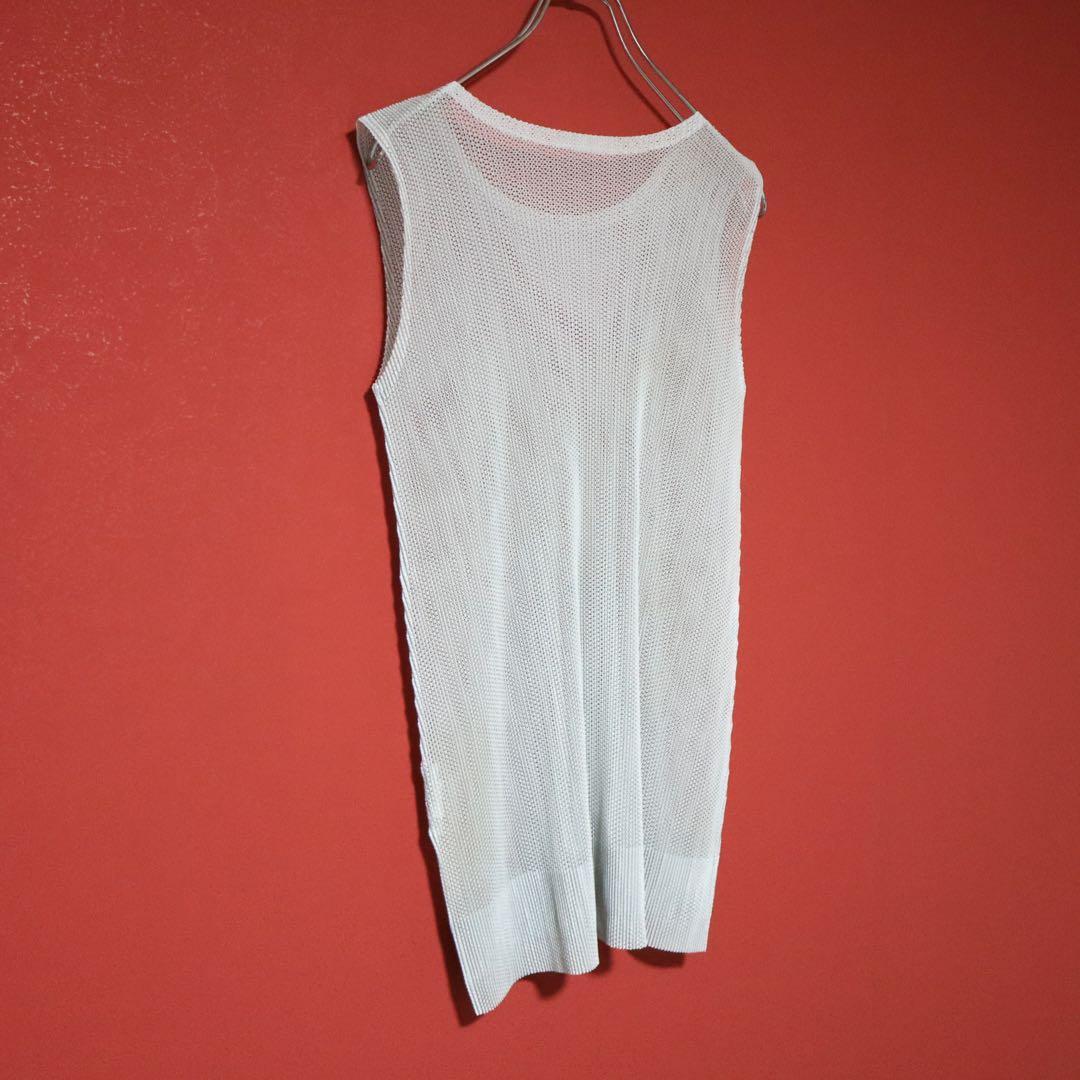 PLEATS PLEASE White Sheer Mesh Pleated Tank Top Size XS