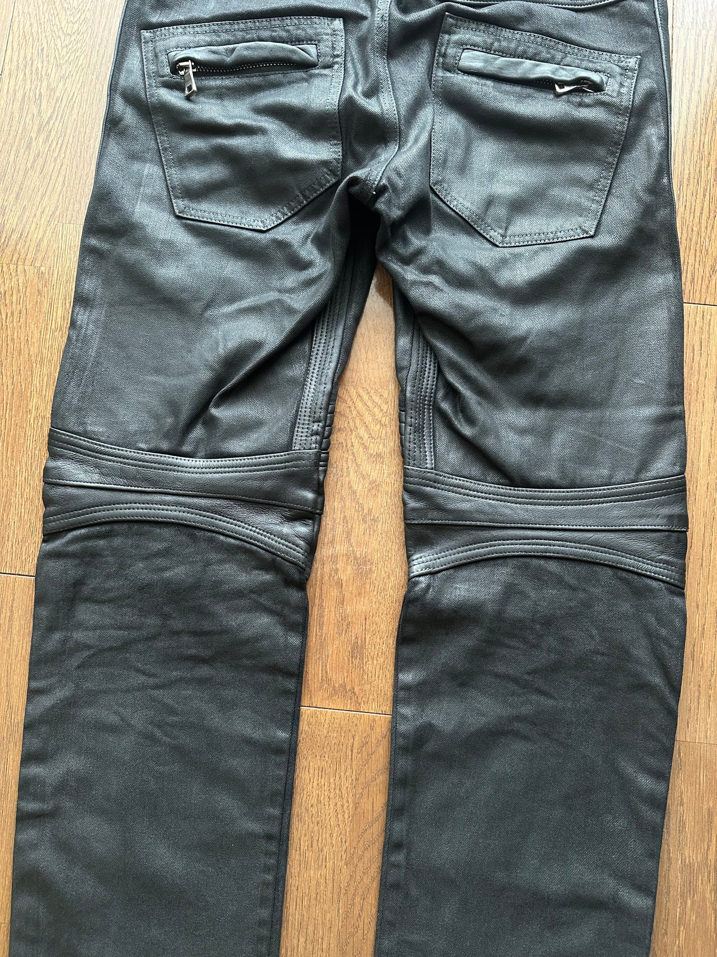 Balmain Black Coated Leather Paneled Biker Jeans
