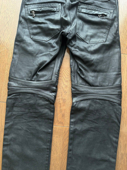 Balmain Black Coated Leather Paneled Biker Jeans