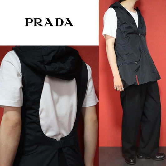 Prada Nylon Hooded Half-Zip Vest with Back Hole Size 44
