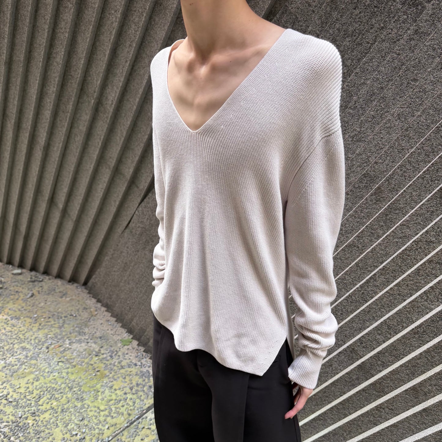 AURALEE 19SS White Cotton V-Neck Rib Knit Sweater