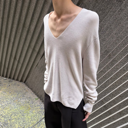 AURALEE 19SS White Cotton V-Neck Rib Knit Sweater