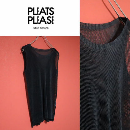 PLEATS PLEASE Black Sheer Mesh Pleated Tank Top Size 3