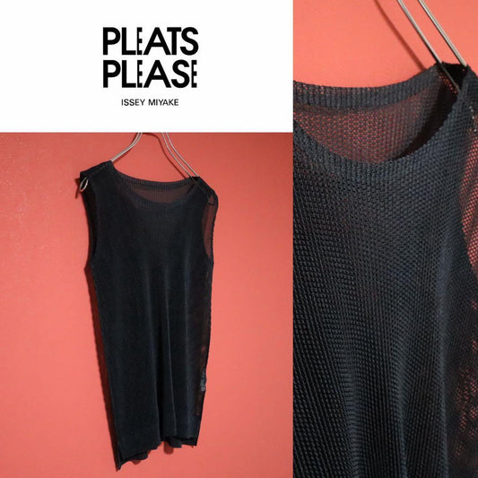 PLEATS PLEASE Black Sheer Mesh Pleated Tank Top Size 3