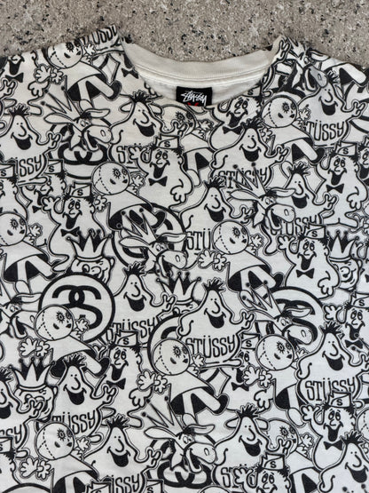 STUSSY Character All Over Print T-Shirt White Size M