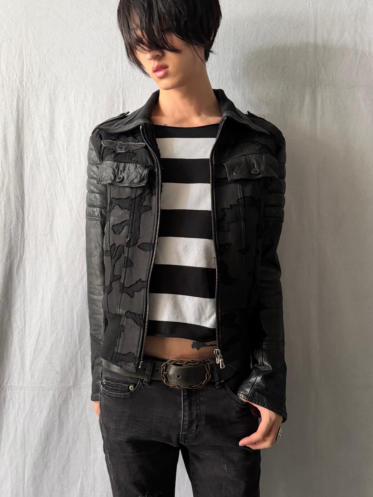 Roen Distressed Leather Hybrid Jacket Size 46