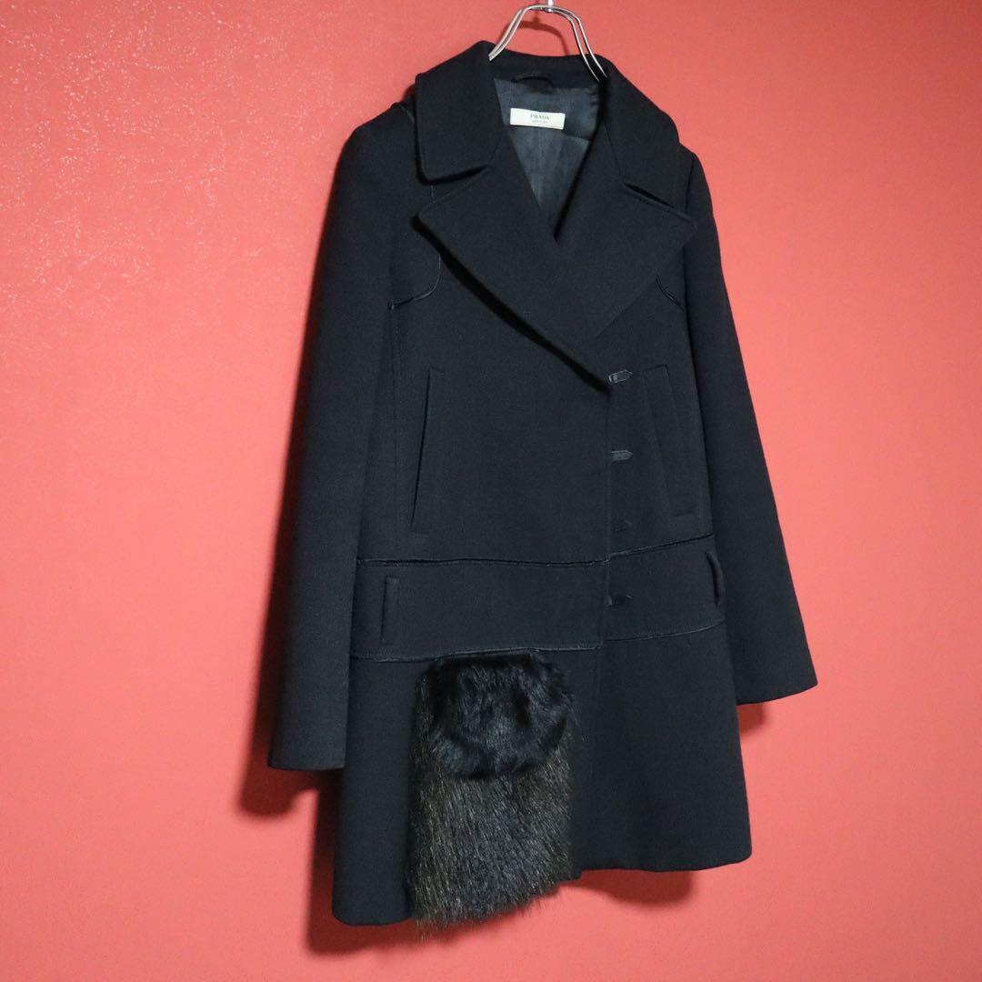 Prada 06AW Asymmetrical Raccoon Fur Pocket Wool Coat Size 40