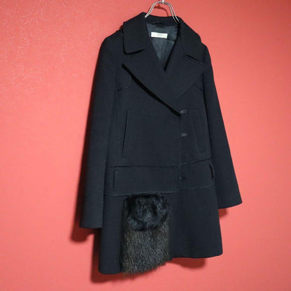 Prada 06AW Asymmetrical Raccoon Fur Pocket Wool Coat Size 40