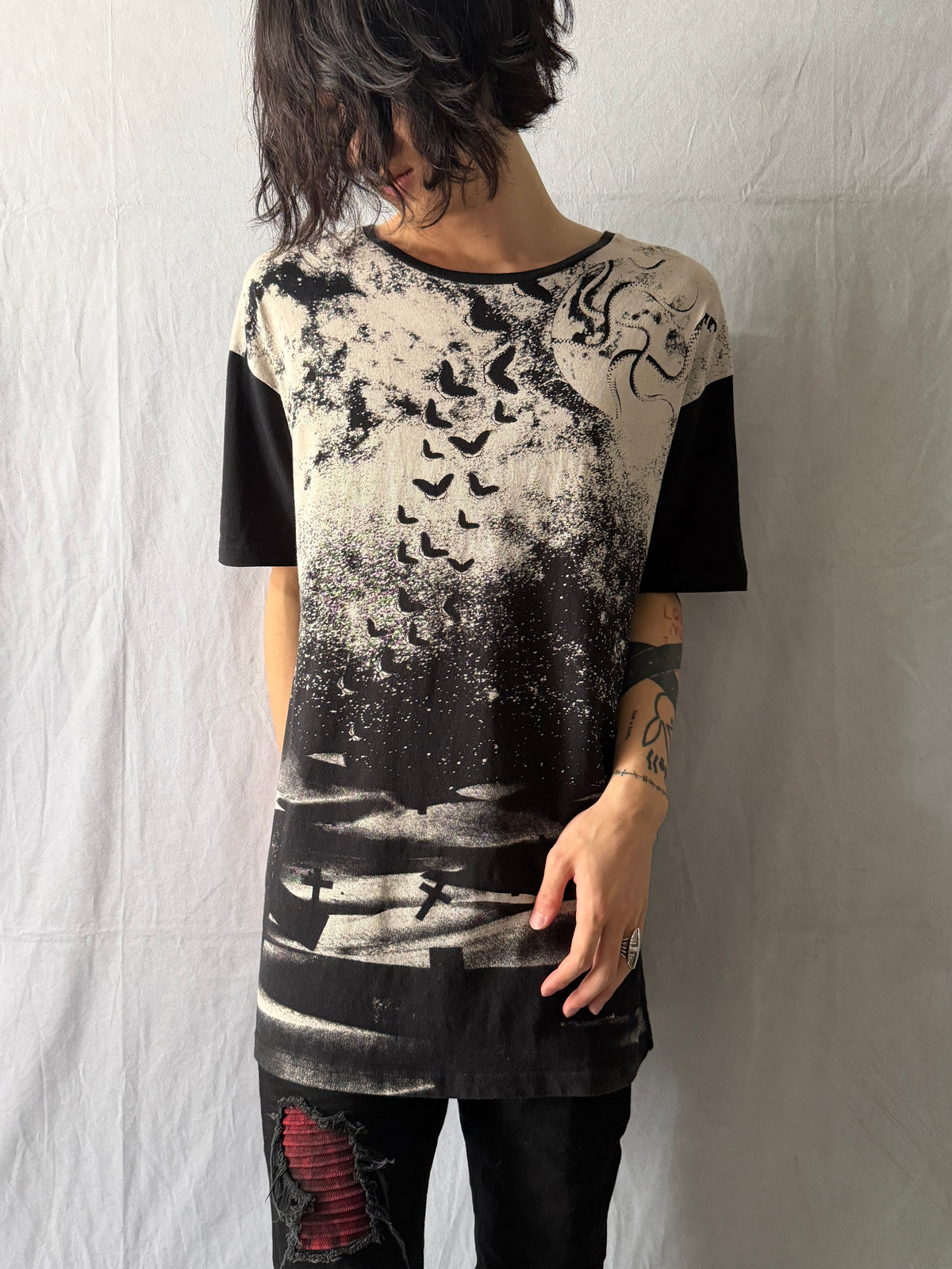 NO ID. BLACK Graveyard Raven Cotton T-Shirt Size ONE
