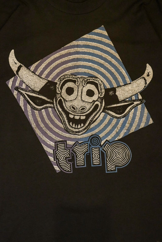 Vintage 90s Black Trip Smile Flock Print Cotton Size L