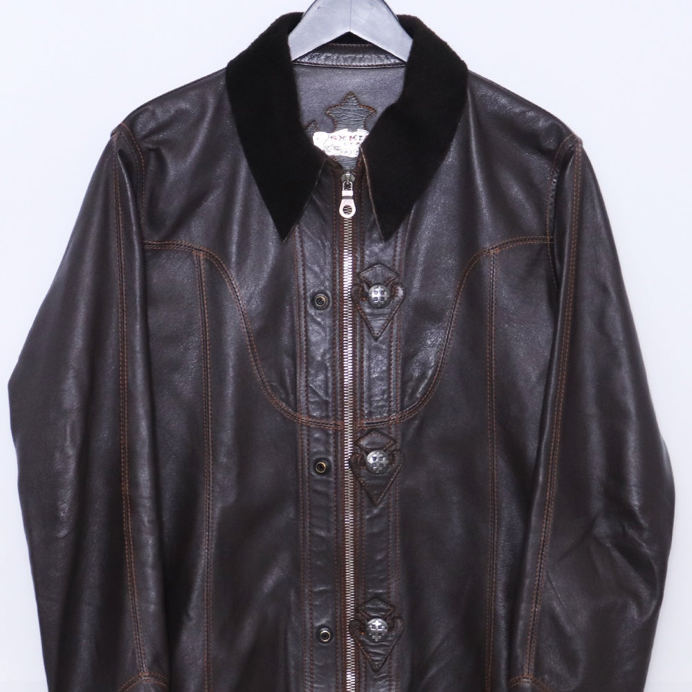 SKKIN Shearling Collar Leather Shirt Jacket Brown Size M
