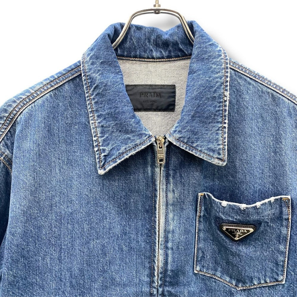 PRADA 2021 Triangle Logo Zip Denim Jacket Indigo Size S