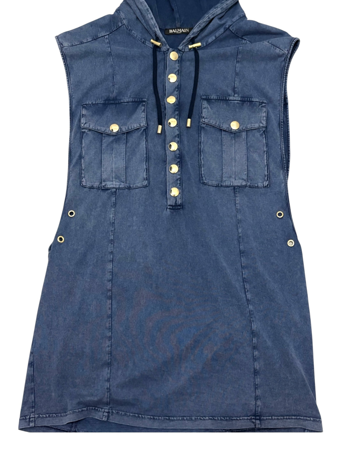Balmain Blue Sleeveless Hoodie Dress Gold HW Size S