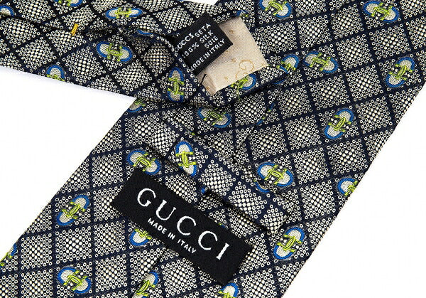 GUCCI Silk Jacquard Diamond Tie Beige Navy
