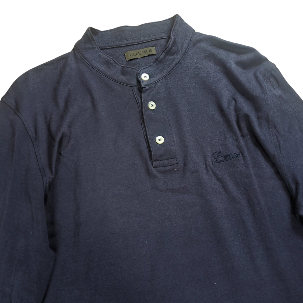 Loewe Logo Embroidered Cotton Henley Shirt Blue Size M
