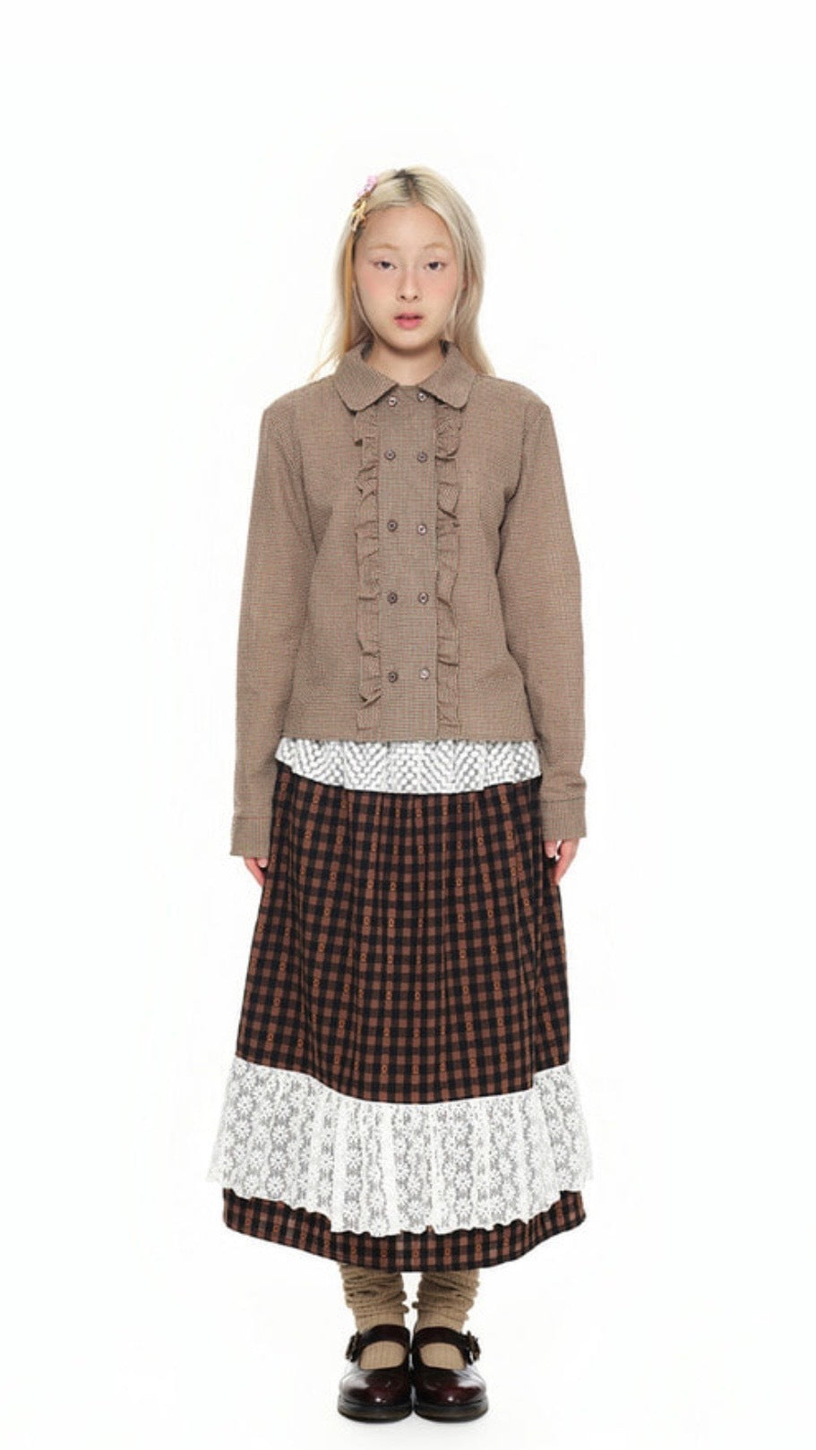 YOUTH BATH Double Button Frill Check Shirt Size S