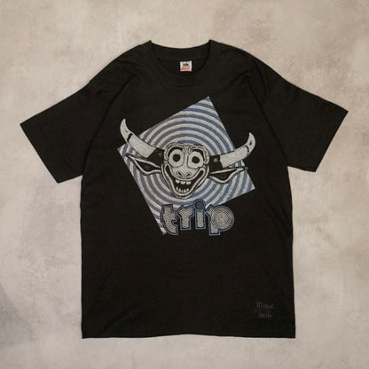 Vintage 90s Black Trip Smile Flock Print Cotton Size L