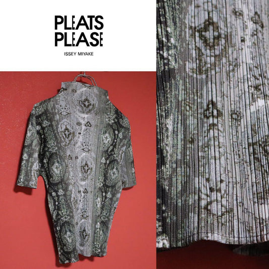 Vintage Gray Pleated Paisley Print High Neck T-Shirt Size 3