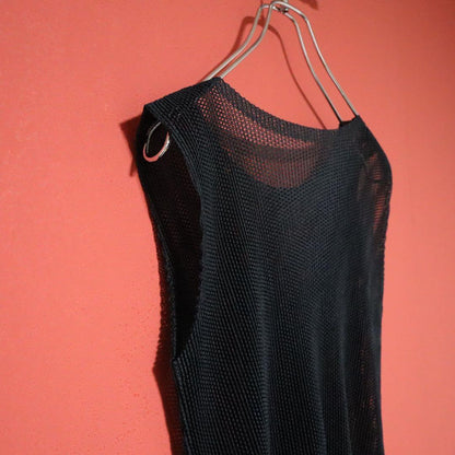 PLEATS PLEASE Black Sheer Mesh Pleated Tank Top Size 3