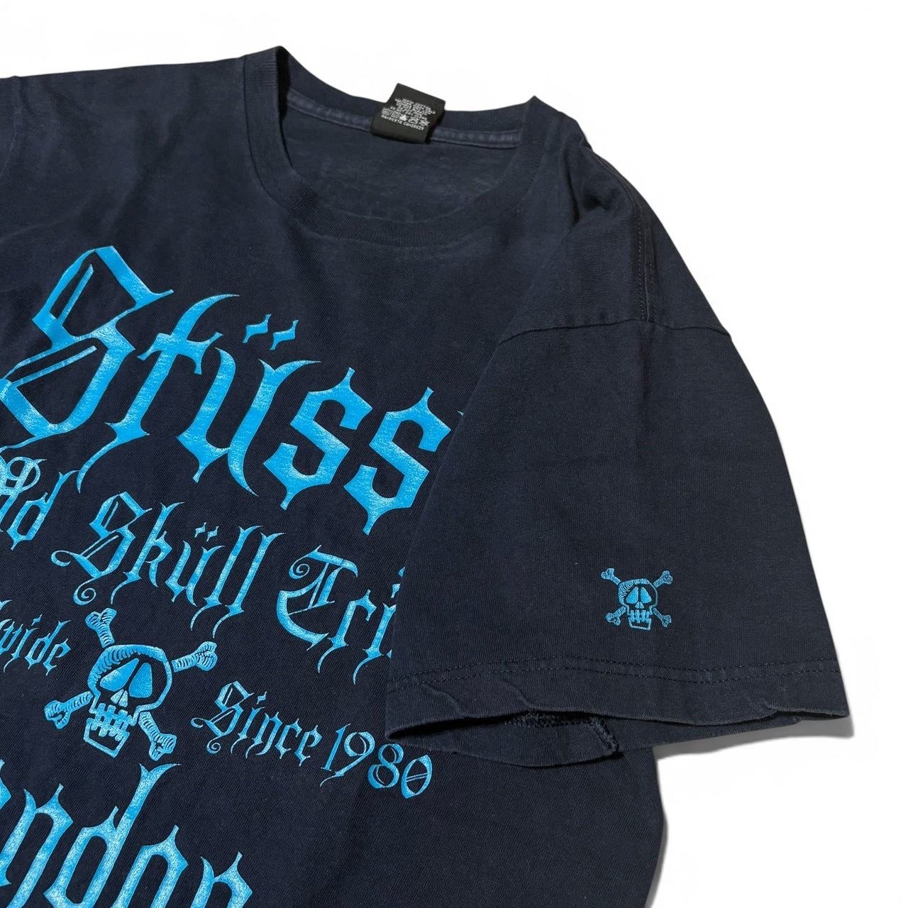 Stussy London Chapter Skull Gothic Navy Blue T-Shirt Size M
