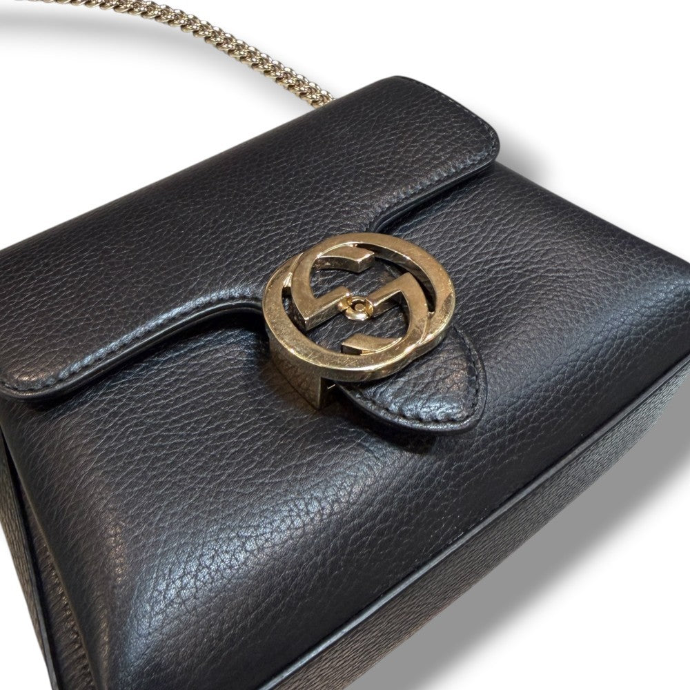 GUCCI Interlocking Chain Leather Shoulder Bag Black Size F