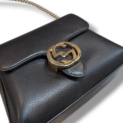 GUCCI Interlocking Chain Leather Shoulder Bag Black Size F