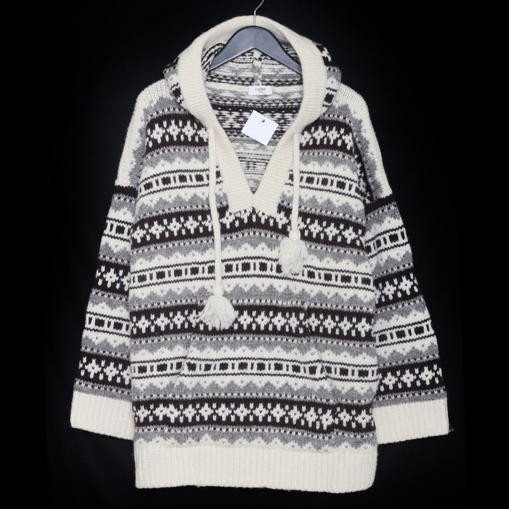 CELINE 21AW Baja Fair Isle Shetland Wool Hoodie Ivory Knit Size M