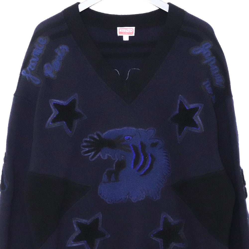 KENZO Applique Tiger Motif V-Neck Sweater Navy Size L