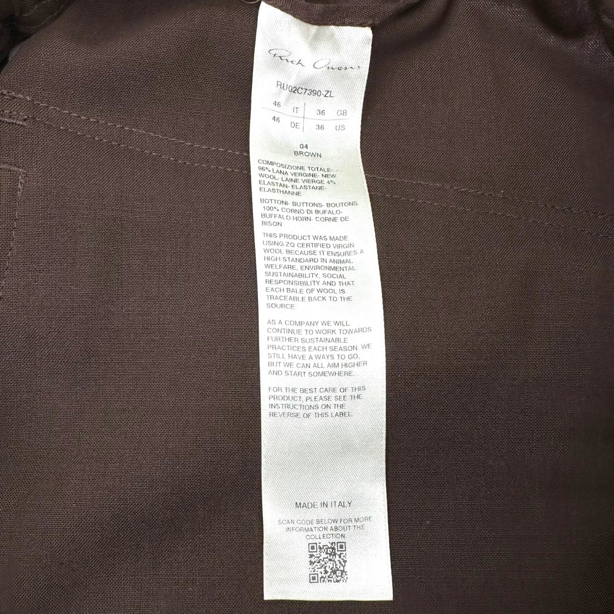 Rick Owens 23AW Drawstring Wool Long Pants Brown Size 46