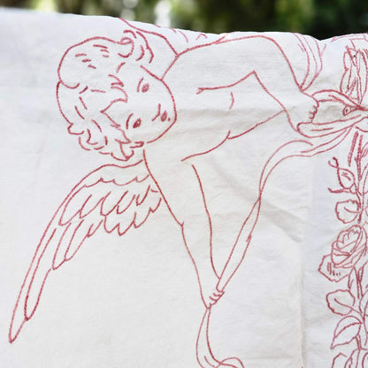 VINTAGE 'Bonne Nuit' Angel Lace Embroidered Tablecloth Beige
