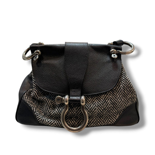 BURBERRY LONDON Leather Tweed Handbag Black Grey Size F