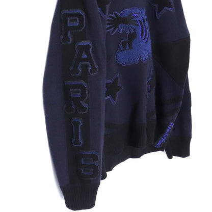KENZO Applique Tiger Motif V-Neck Sweater Navy Size L