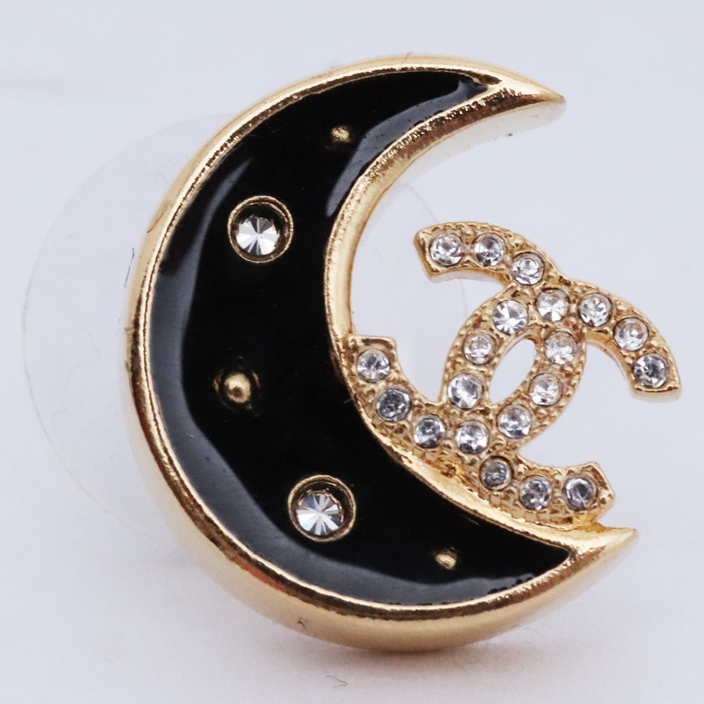Chanel Coco Mark Moon Rhinestone Gold Black Earrings Size F