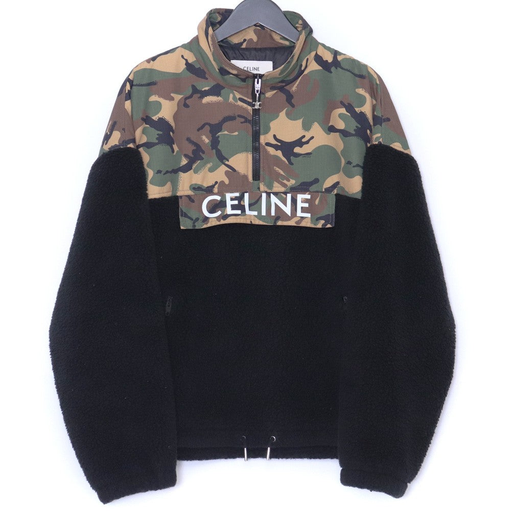 CELINE Camo Bi-Material Half-Zip Fleece Jacket Black Size 50