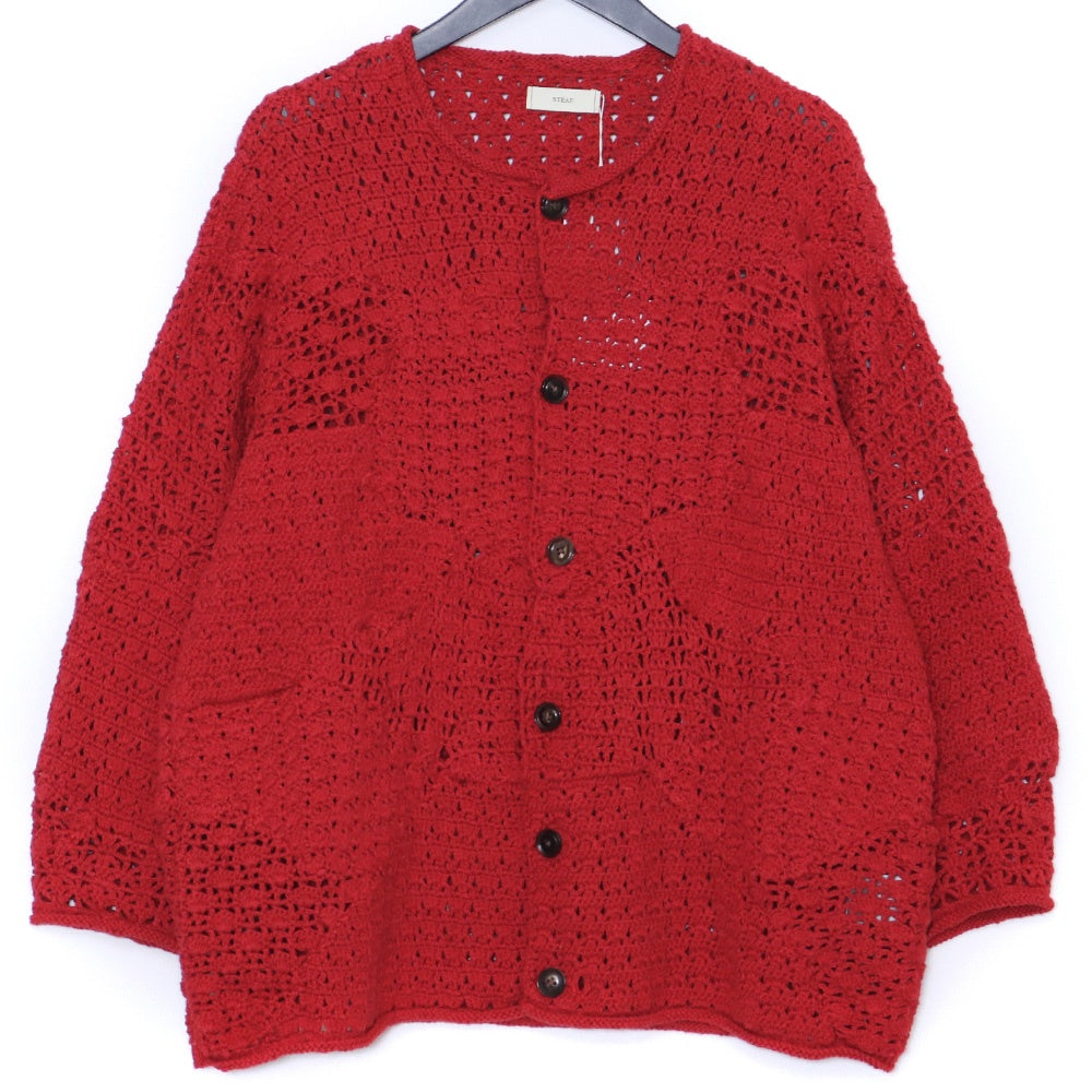 STEAF 25SS Hand Made Patchwork Net Cardigan Coral Red Size M