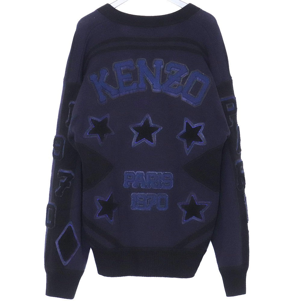KENZO Applique Tiger Motif V-Neck Sweater Navy Size L
