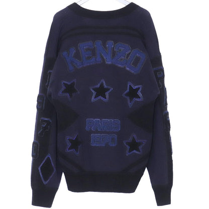 KENZO Applique Tiger Motif V-Neck Sweater Navy Size L