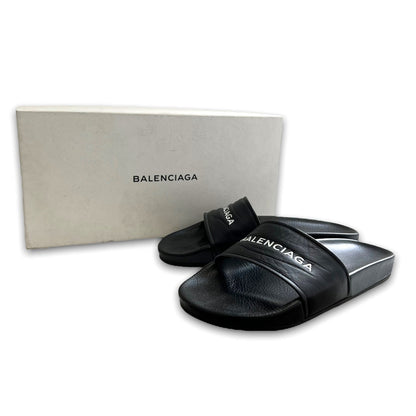 BALENCIAGA 18SS Logo Flat Leather Sandals Black Size EU 38