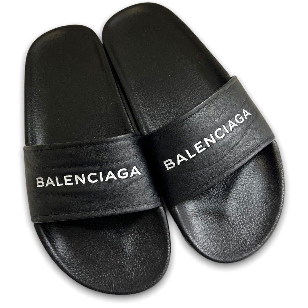 BALENCIAGA 18SS Logo Flat Leather Sandals Black Size EU 38